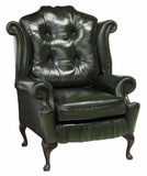 Armchair, Queen Anne Style, Green Leather Wingback, Tufted, Nail Head Trim!! - Old Europe Antique Home Furnishings