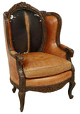 Armchair, Wingback, Cowhide & Leather, Nailhead Trim, Large, Carved Lyre Crest! - Old Europe Antique Home Furnishings