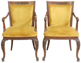 Armchairs, 8, Continental Carved Mahogany Yellow Velvet, Vintage / Antique!! - Old Europe Antique Home Furnishings