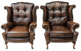 Armchairs, Wingback, Leather, Brown, Queen Anne Style, Pair, Nail Head, Tufted!! - Old Europe Antique Home Furnishings