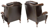 Armchairs, Wingback, Leather, Brown, Queen Anne Style, Pair, Nail Head, Tufted!! - Old Europe Antique Home Furnishings