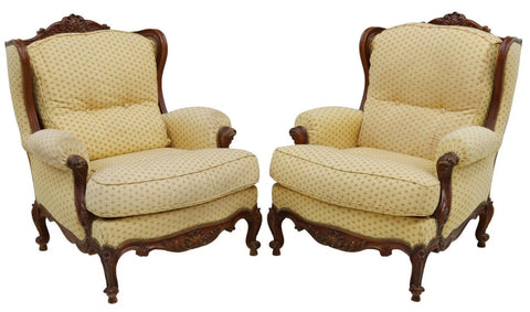 Armchairs, Bergeres, Wingback, Two, Louis XV Style, Tack Trim, Cabriole, 1900's! - Old Europe Antique Home Furnishings