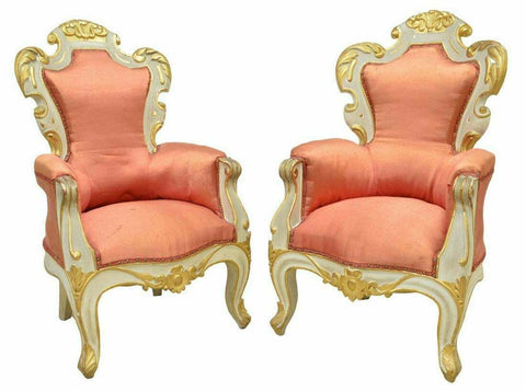 Armchairs, Pair, Baroque Style Upholstered Parcel Gilt, Vintage / Antique, Fancy - Old Europe Antique Home Furnishings