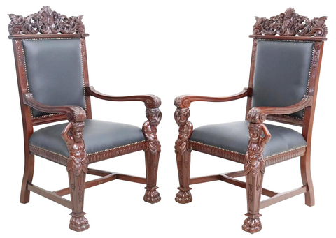 Armchairs, Pair of Renaissance Style, Carved Wood, Mahogany, NailHead Trim, Cres Condition: - Old Europe Antique Home Furnishings