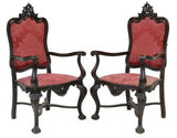 Armchairs, Spanish Baroque Style, Ebonized, Red Damask, Two, Pair, Vintage!! - Old Europe Antique Home Furnishings