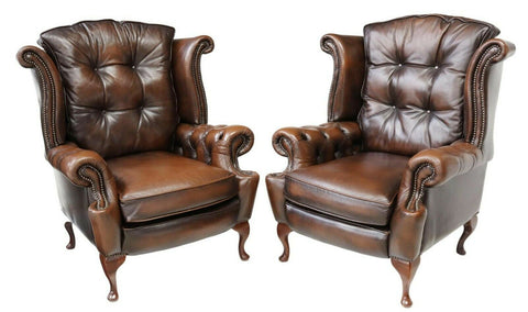 Armchairs, Wingback, Leather, Brown, Queen Anne Style, Pair, Nail Head, Tufted!! - Old Europe Antique Home Furnishings