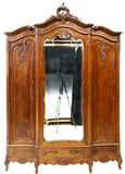 Armoire, Triple, Louis XV Style Breakfront, Mirrored, Crest, 3 Drawers, 1900's! - Old Europe Antique Home Furnishings