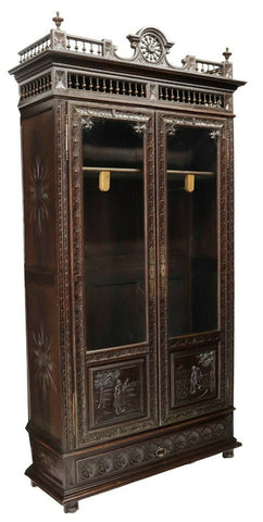 Armoire / Bookcase, French Breton, Figural, Richly Carved Oak, Foliate, 1800s!! - Old Europe Antique Home Furnishings
