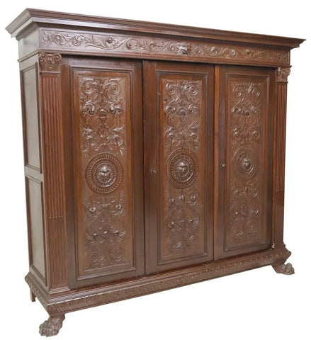 Armoire, Italian Renaissance Revival, Carved Walnut, Early 1900s!! - Old Europe Antique Home Furnishings