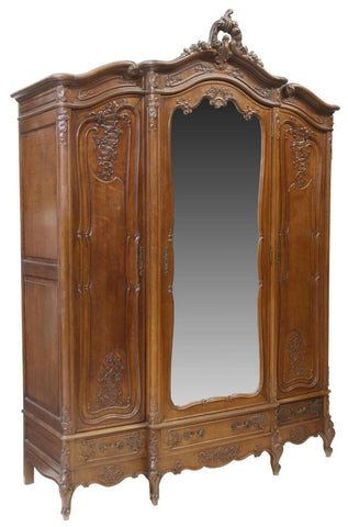 Armoire, Mirrored, Breakfront, French Louis XV Style, Crest, Doors, Early 1900s! - Old Europe Antique Home Furnishings