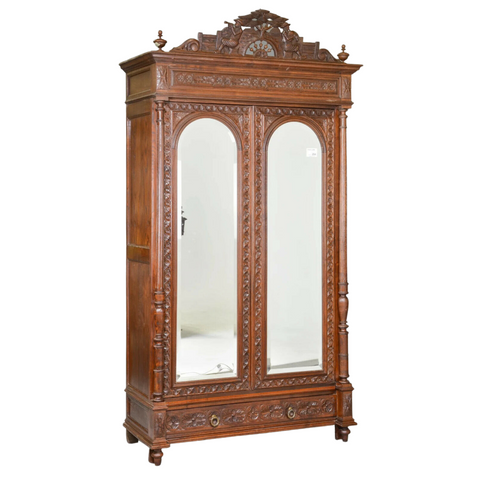 Armoire, French Breton Style, Double Mirror Door Chestnut Robe Vintage / Antique - Old Europe Antique Home Furnishings