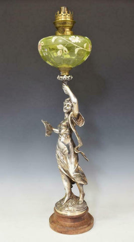 Oil Lamp, French Silver-Tone Metal Figural, 19th / 20th Century, Gorgeous!!! - Old Europe Antique Home Furnishings