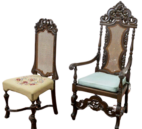 Antique Chairs, Cane, Desk, Baroque Style Carved 19th C., 1800s, Handsome Set!! - Old Europe Antique Home Furnishings