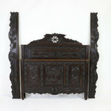 Bed, French Carved Breton Style Chestnut Bed, Dark Wood Tones, W/ Rails, Vintage - Old Europe Antique Home Furnishings