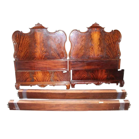 Beds, Twin Size with Rails, Pair, Flame, Mahogany, Pagoda Top, Vintage!! - Old Europe Antique Home Furnishings