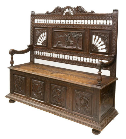 Bench, Coffer, Breton Elaborately Carved Oak, 19th C., (1800s), Gorgeous Antique!! - Old Europe Antique Home Furnishings