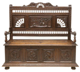 Bench, Coffer, Breton Elaborately Carved Oak, 19th C., (1800s), Gorgeous Antique!! - Old Europe Antique Home Furnishings