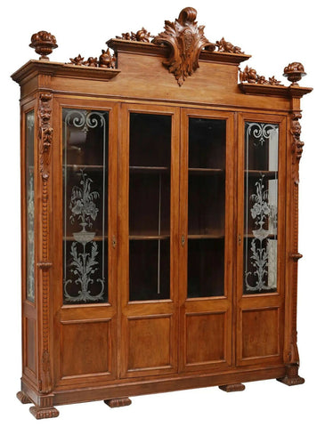 Bookcase, Monumental, Italian Carved Walnut, Glazed, Etched Doors, Crest, 1800's - Old Europe Antique Home Furnishings