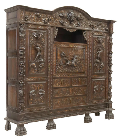 Bookcase, Secretary, Spanish Renaissance Revival, Heavily Carved, Early 20th C.! - Old Europe Antique Home Furnishings