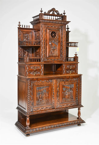 Buffet / Cabinet, Breton Style Heavily Carved, Figural, French Vintage / Antique - Old Europe Antique Home Furnishings
