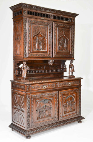 Buffet, French Breton Style Carved Chestnut Double Sideboard Vintage / Antique!! - Old Europe Antique Home Furnishings