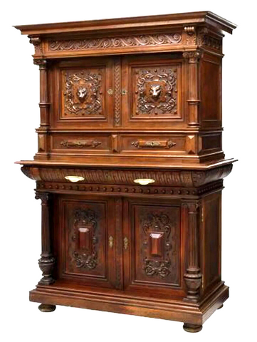 Cabinet, Carved Wood, Italian Renaissance Revival Lion Mask, Foliate, 1800s! - Old Europe Antique Home Furnishings