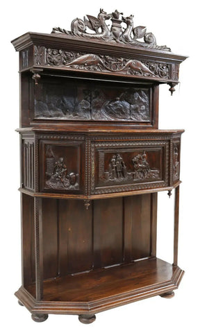 Cabinet, French Gothic Revival Figural Carved Oak and Crest, On Stand, 1800's! - Old Europe Antique Home Furnishings