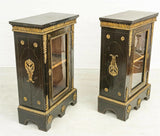 Cabinets, Side, French Boulle Ebonized, Ormolu Mounted, Marble Top, Pair, 1800's - Old Europe Antique Home Furnishings