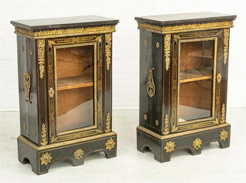 Cabinets, Side, French Boulle Ebonized, Ormolu Mounted, Marble Top, Pair, 1800's - Old Europe Antique Home Furnishings