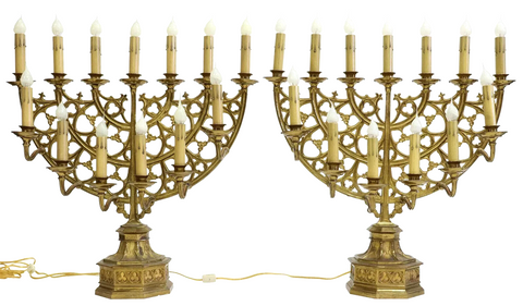 Candelabra, Gothic Revival Gilt Metal, 13-L , Pair, Menorah Style!! - Old Europe Antique Home Furnishings