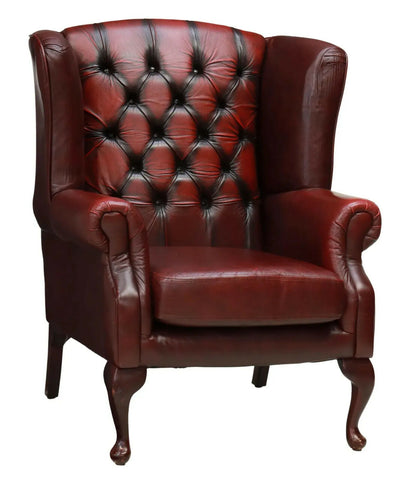 Chair, Wingback, Oxblood English Queen Anne Style, Leather, Gorgeous, 1900's!! - Old Europe Antique Home Furnishings