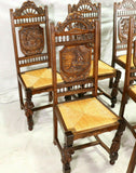 Chairs, Breton Side, Set of 6 French Carved Oak Breton Rush Seat Chairs, Fancy! - Old Europe Antique Home Furnishings