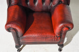 Chairs, Red Leather, British, Chesterfield Wing Back, Button Tuft, Set of Two - Old Europe Antique Home Furnishings