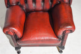 Chairs, Red Leather, British, Chesterfield Wing Back, Button Tuft, Set of Two - Old Europe Antique Home Furnishings