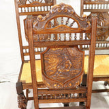 Chairs, Breton Side, Set of 6 French Carved Oak Breton Rush Seat Chairs, Fancy! - Old Europe Antique Home Furnishings