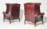 Chairs, Red Leather, British, Chesterfield Wing Back, Button Tuft, Set of Two - Old Europe Antique Home Furnishings