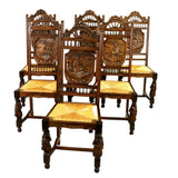 Chairs, Breton Side, Set of 6 French Carved Oak Breton Rush Seat Chairs, Fancy! - Old Europe Antique Home Furnishings