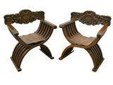 Chairs, Antique Armchairs, Renaissance Revival Curule, Dark Wood, Charming Pair! - Old Europe Antique Home Furnishings