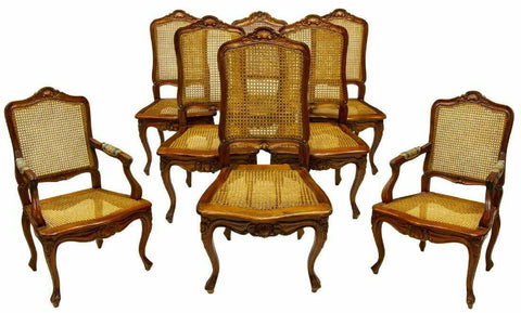 Chairs, Dining, Set of 7 Louis XV Style Carved Walnut Caned, Vintage, Handsome! - Old Europe Antique Home Furnishings