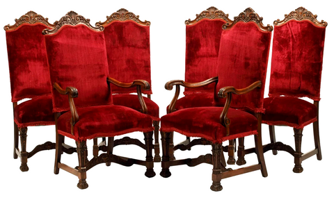 Chairs, Dining, Red ( 6 ) Large Renaissance Style Carved, Vintage / Antique! - Old Europe Antique Home Furnishings