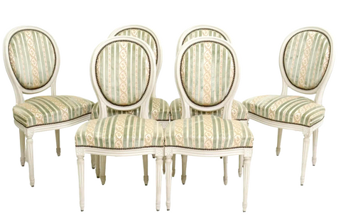 Chairs, Side, Dining, 6, French Louis XVI Style Upholstered, Nailhead, Vintage! - Old Europe Antique Home Furnishings