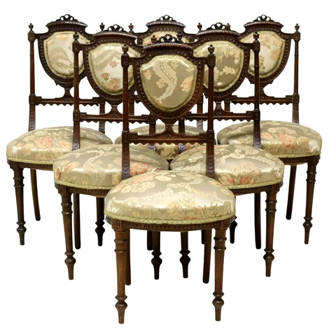 Chairs, Side,French Louis XVI Style Carved, Set of 6, Floral Upholstery, 1800's! - Old Europe Antique Home Furnishings