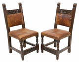 Chairs, Side, Leather, Two ( 2 ) Spanish Colonial Style, Curved Stiles, 1800's! - Old Europe Antique Home Furnishings