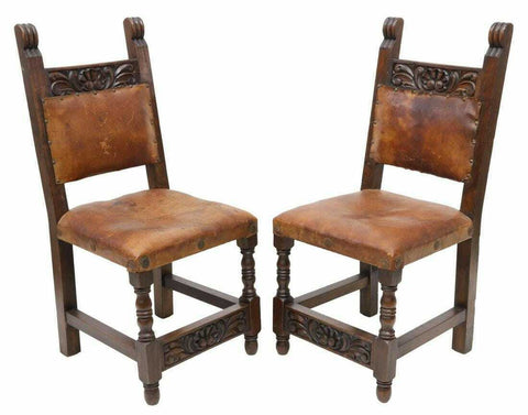 Chairs, Side, Leather, Two ( 2 ) Spanish Colonial Style, Curved Stiles, 1800's! - Old Europe Antique Home Furnishings