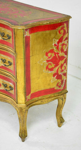 Chest / Dresser, Red and Gold Florentine 3 Drawer, Vintage / Antique, Handsome! | Old Europe Antique Home Furnishings Chest / Dresser, Red and Gold Florentine 3 Drawer, Vintage / Antique, Handsome! | Old Europe Antique Home Furnishings