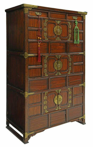 Chest, Storage Korean Brass-Mounted Elm Three Level Clothing, Brass, Vintage!! - Old Europe Antique Home Furnishings