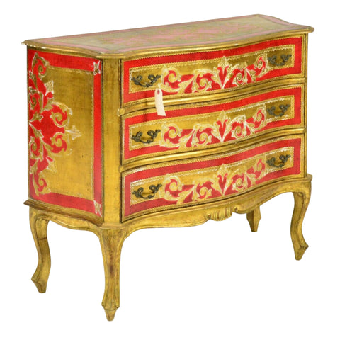 Chest / Dresser, Red and Gold Florentine 3 Drawer, Vintage / Antique, Handsome! - Old Europe Antique Home Furnishings