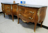 Chests, Bombes (2) French, Inlaid Burl, Walnut, 2-Drawer, Marble Top, Ormolu Mts - Old Europe Antique Home Furnishings