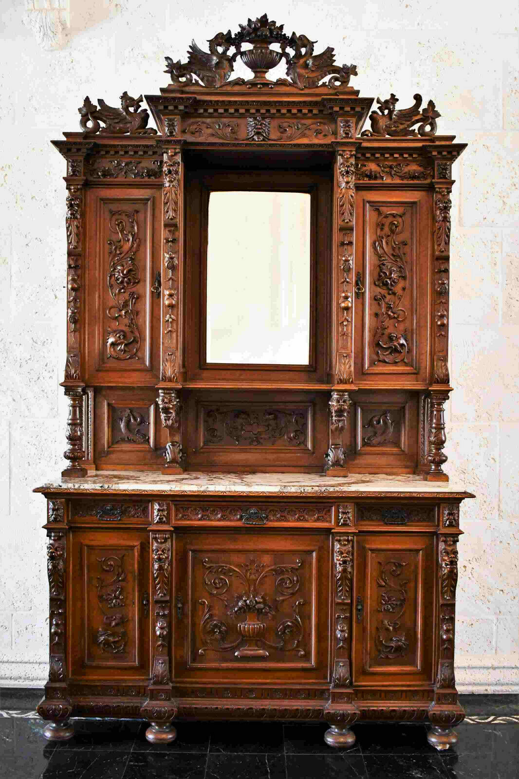 Antique Cabinet, China, Server, Continental Victorian, 1800s
