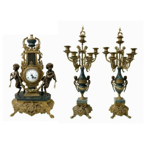 Clock and Garniture Set, French Style Bronze and A Pair of Candelabra, Gorgeous! - Old Europe Antique Home Furnishings